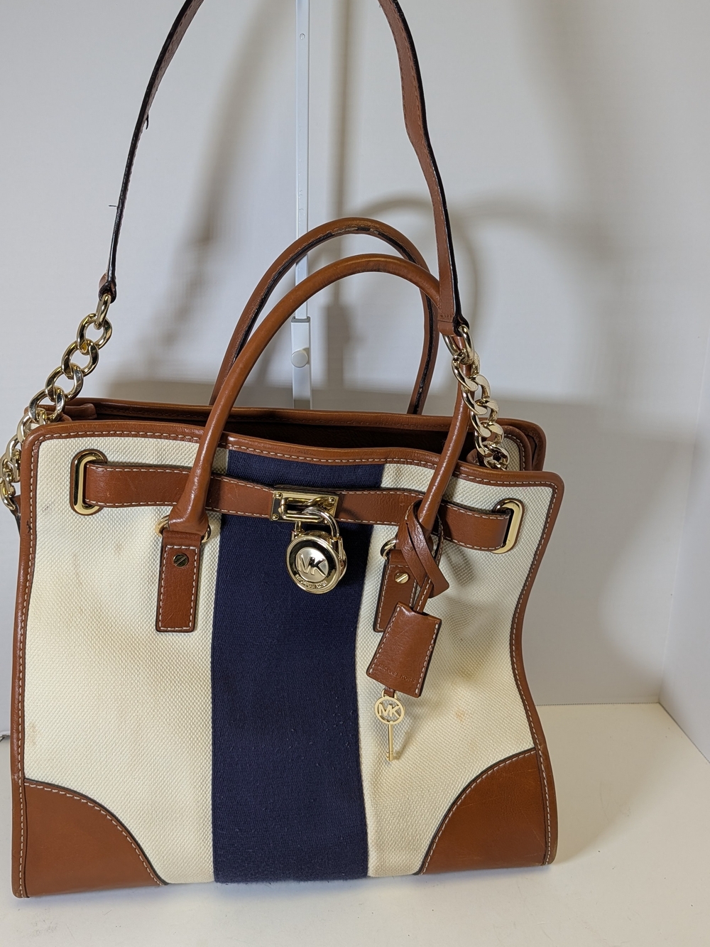 Michael Kors Cream, Navy & Brown Canvas Leather-Trim Satchel with Gold Hardware